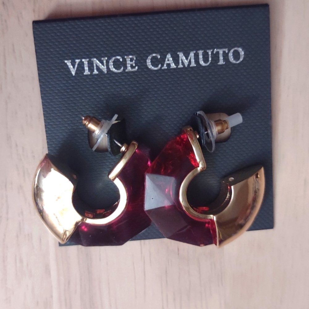 Vince Camuto Red Faceted Crystal Gold Half Hoop Earrings